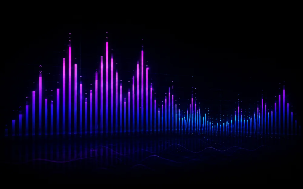 Purple and blue spectrum analyser bars on a dark display