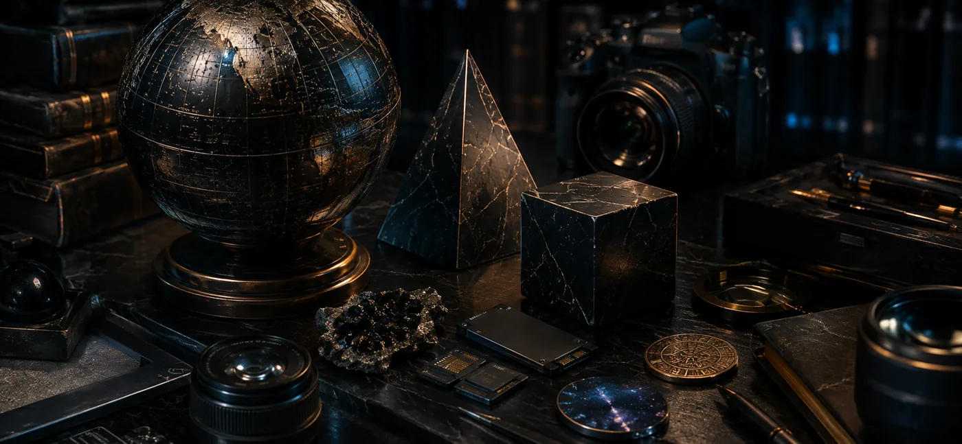Watch, camera and geometric objects arranged on a premium dark desk