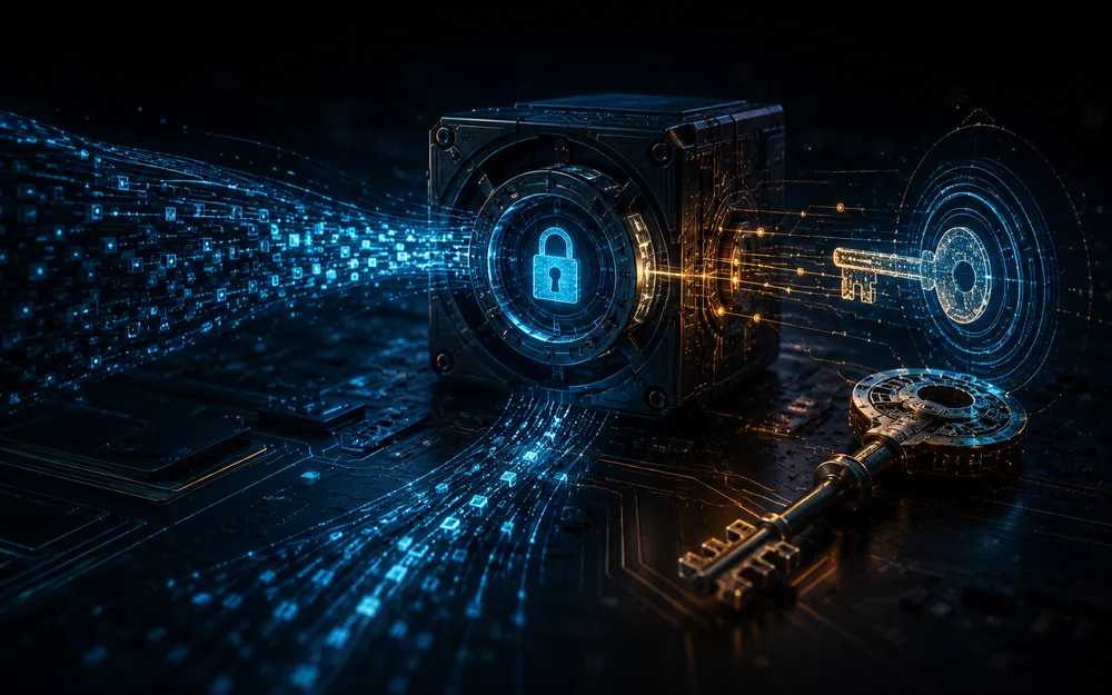 Green encrypted data blocks on a dark interface
