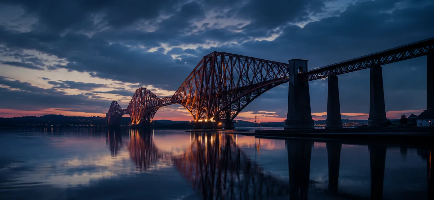 Forth Bridge at dusk over the Firth of Forth