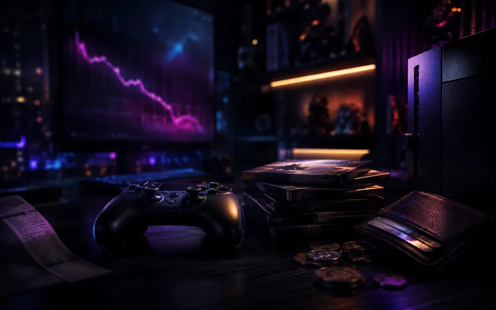 Game controller beside a dark cost and play-time dashboard