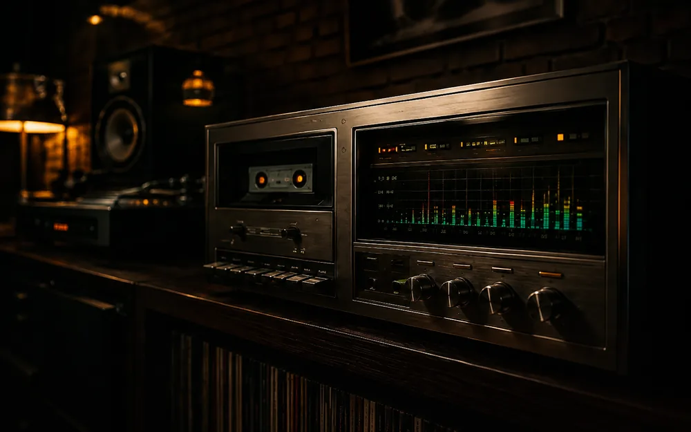 Premium retro hi-fi system with cassette deck and spectrum display