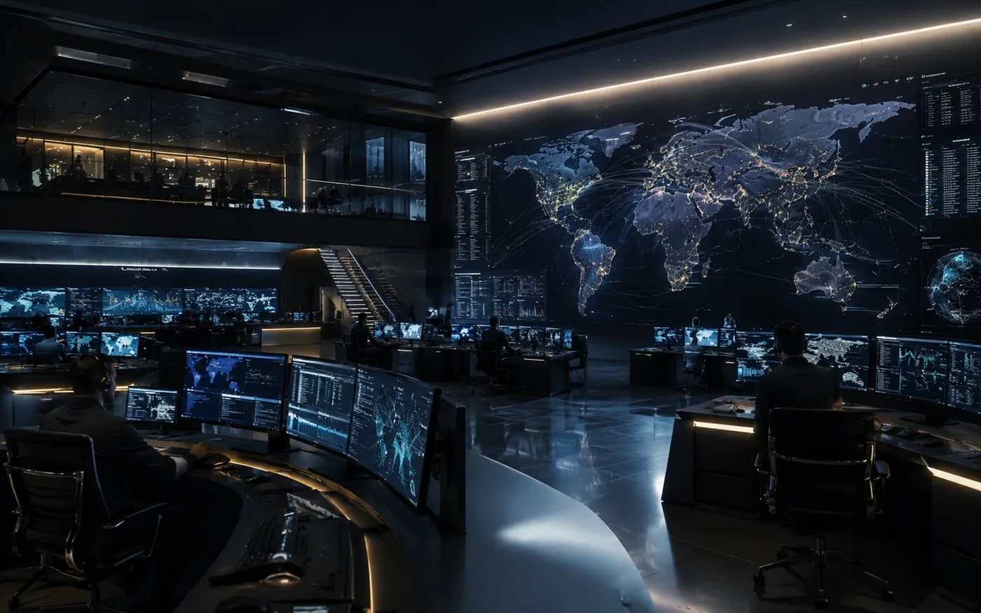 Global network operations map with dark telemetry panels