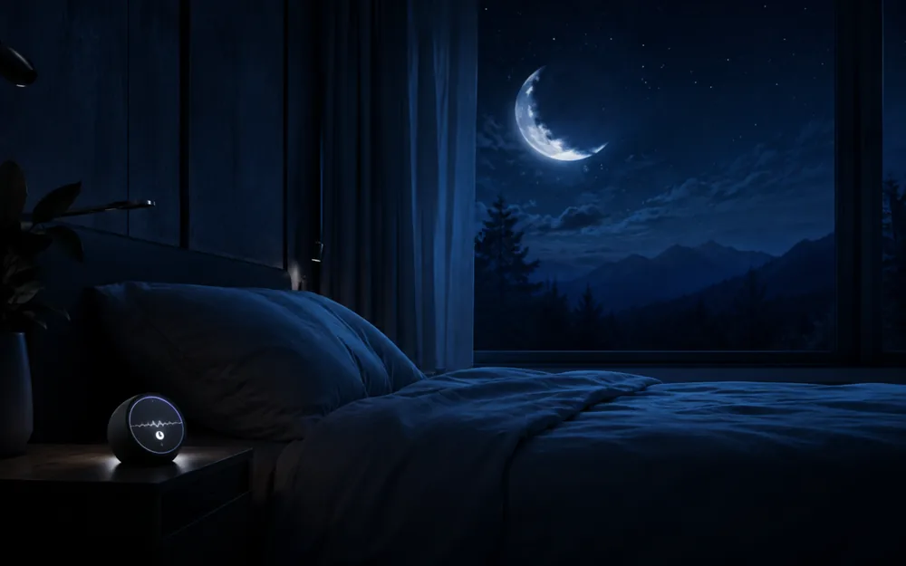Moonlit night scene with a subtle sleep tracking chart