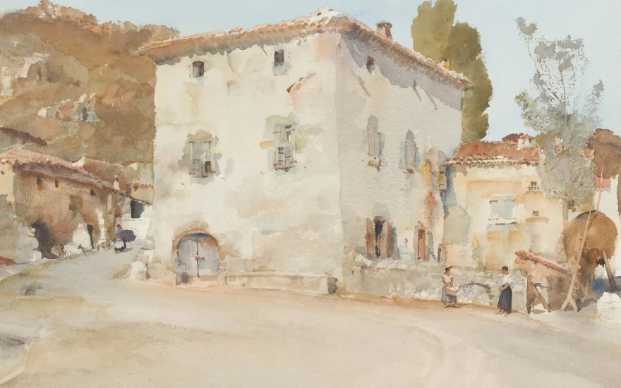 Watercolour of a pale stone house in a French village under afternoon sun