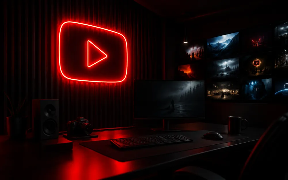 Dark editing room with a red video play symbol